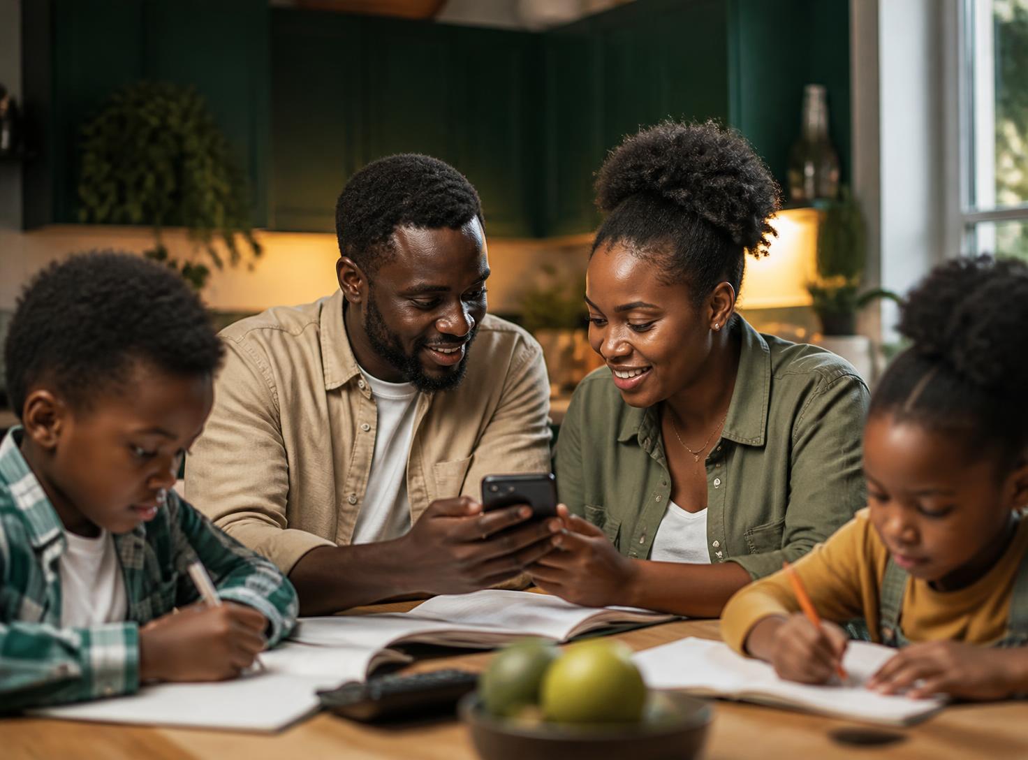 A family planning their budget together at the kitchen table