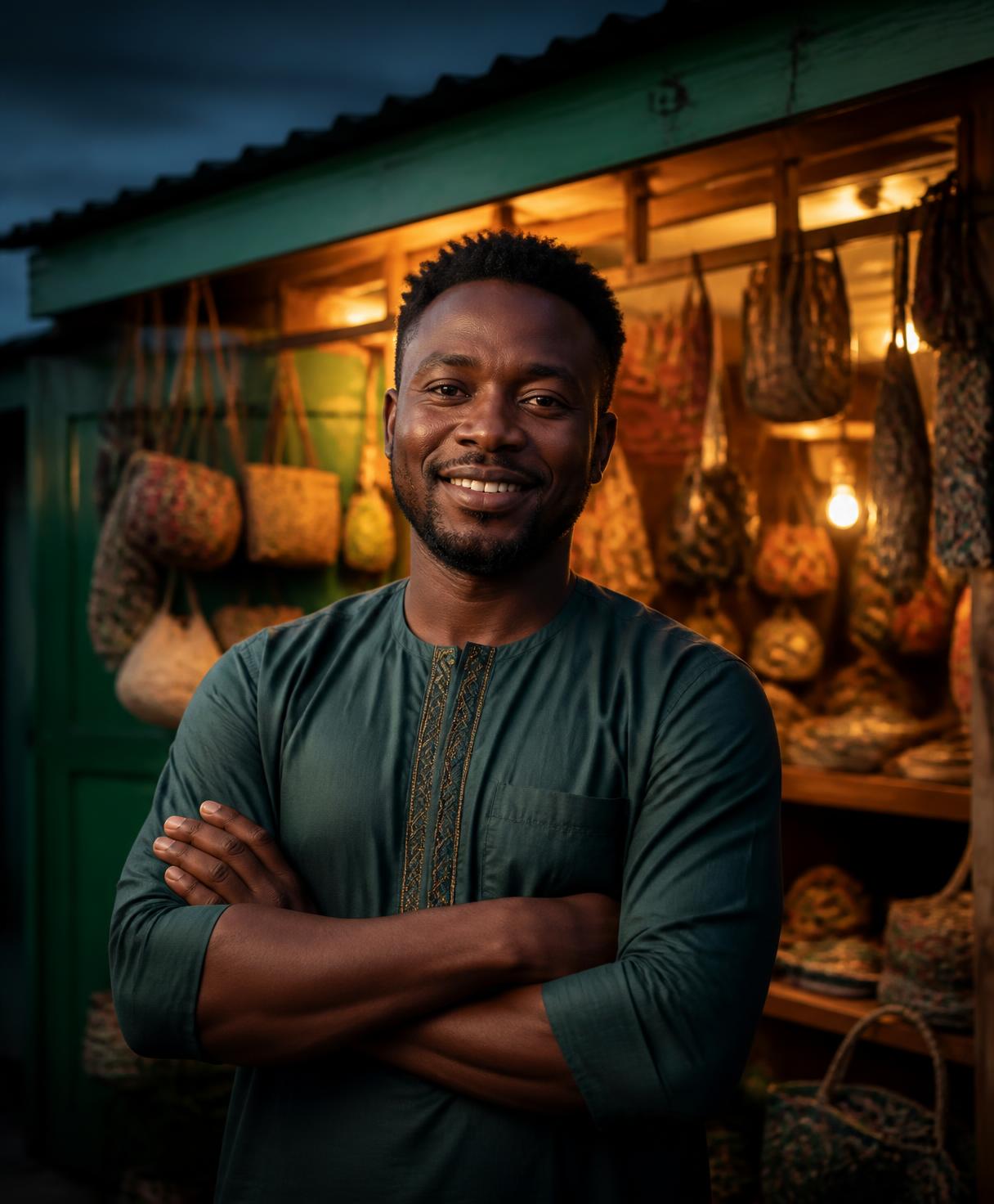 A smiling shop owner standing in front of his store at dusk
