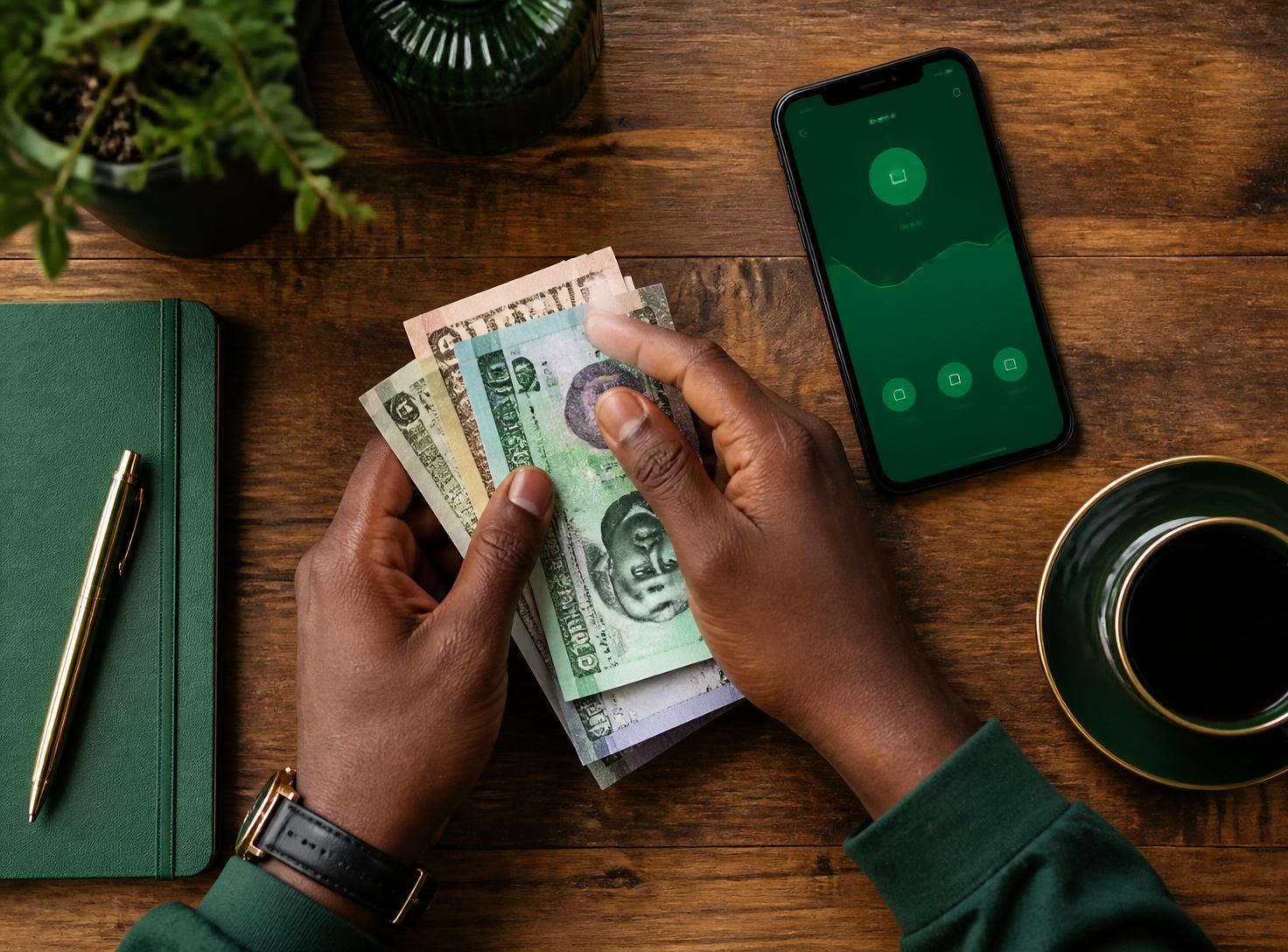 Hands counting Gambian Dalasi banknotes next to a phone showing a finance app
